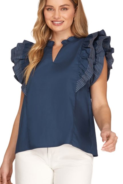 Ruffle Sleeve Stich Detail Game Day Woven Top