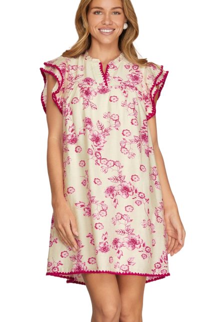 Ruffle Picot Stitch Sleeve Woven Print Mini Dress