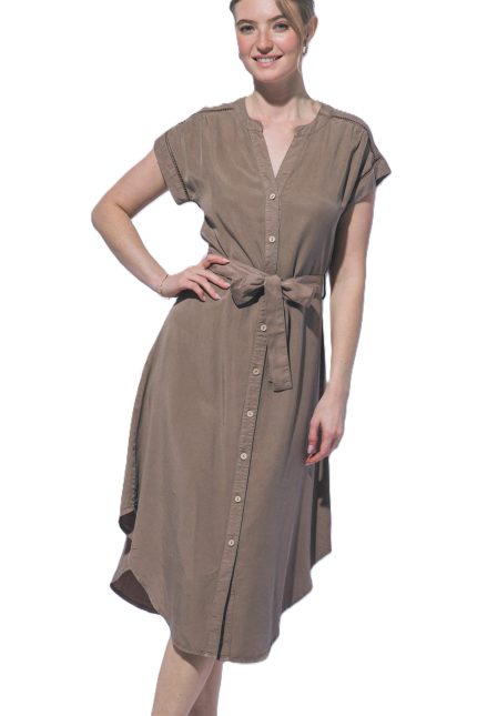 Short Sleeves Belted Chambray Midi Dress