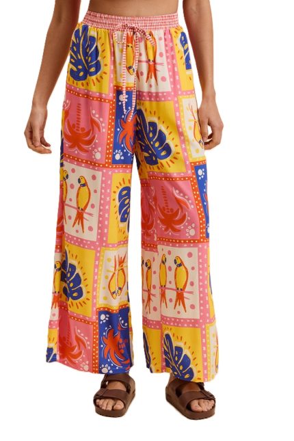 Contrast Check Waisted Tropical Print Wide Pants