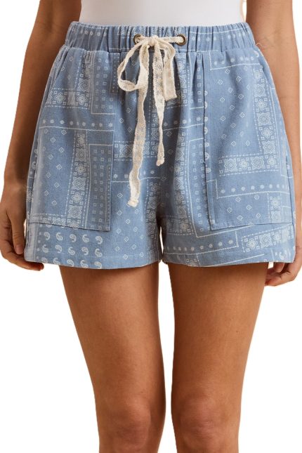Bandana Printed Denim Mini Shorts With Lace Strap