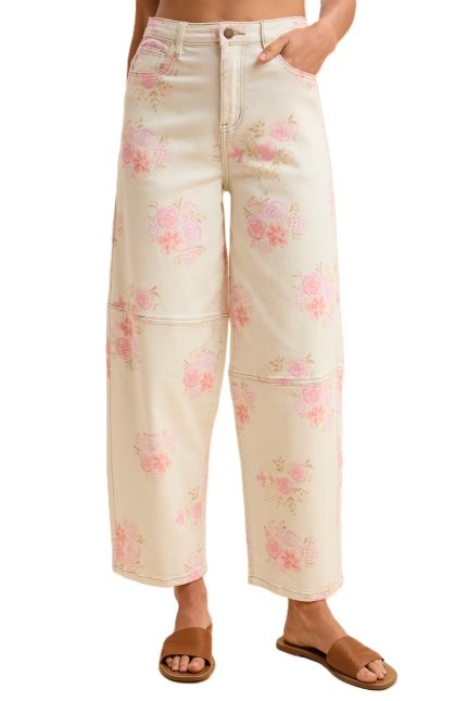 Romantic Floral Printed Denim Barrel Leg Pants