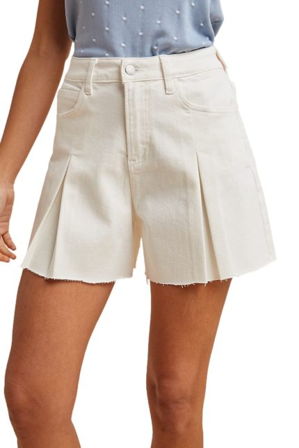 Stretch Cotton Pleat Front Detailed Denim Shorts