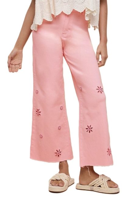 Stretch Eyelet Embroidery Detail Wide Leg Pants