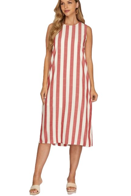 Sleeveless Woven Stripe Midi Dress