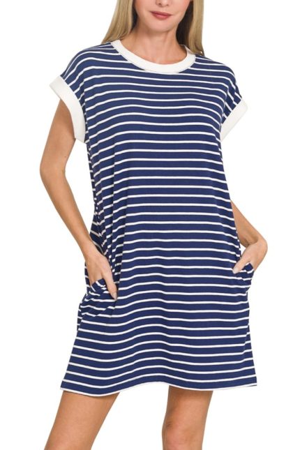 Striped Contrast Trim Rib Banded T-shirts Dress