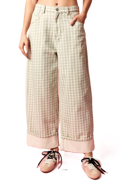 Gingham Rolled Up Barrel Printed Jeans