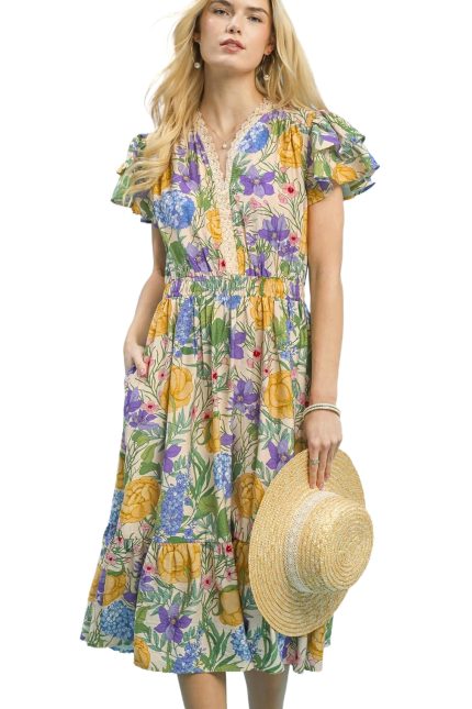 Flutter Sleeve Floral Lace Trim Midi Dress