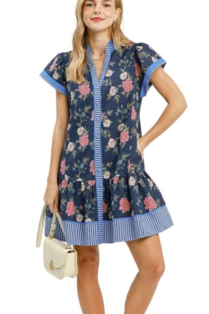 Floral Contrast Trim Ruffle Hem Mini Dress