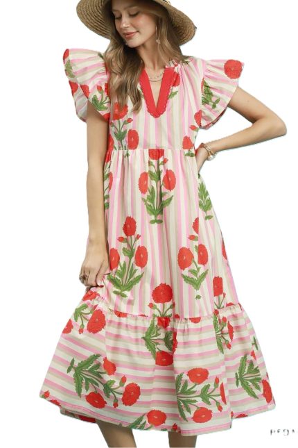 Mix Floral Stripe Midi Dress