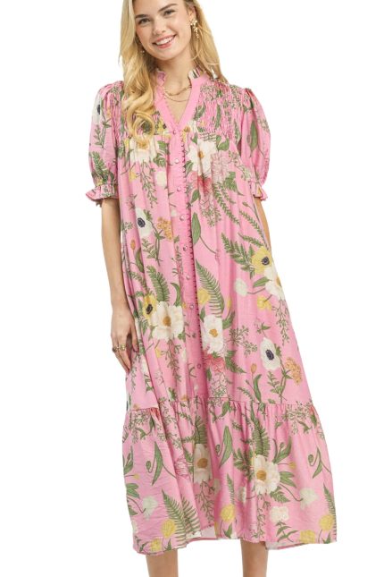 Floral Smocked Button-front Midi Dress