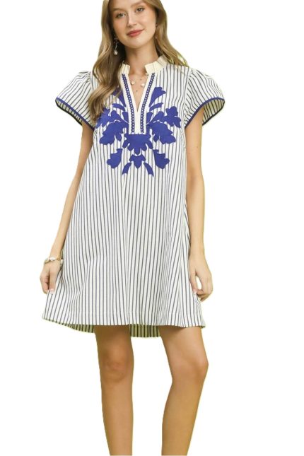 Striped Floral Applique Shift Dress