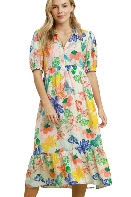 Watercolor Floral Tiered Midi Dress