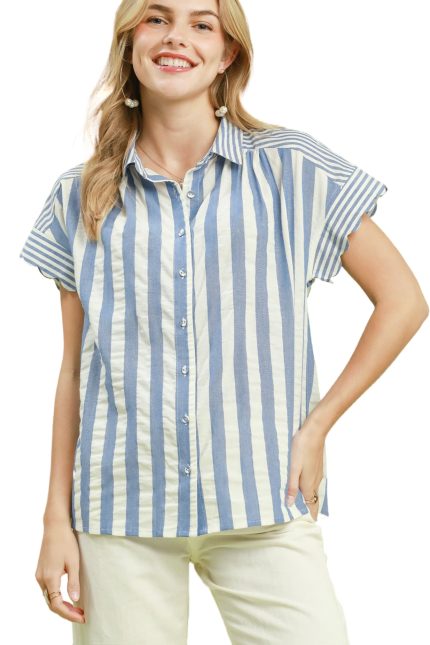 Striped Button Front Flutter Sleeve Top
