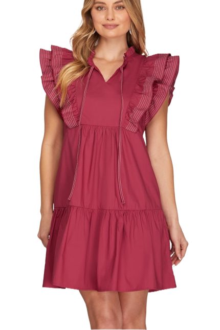 Ruffle Sleeve Stich Detail Mini Dress
