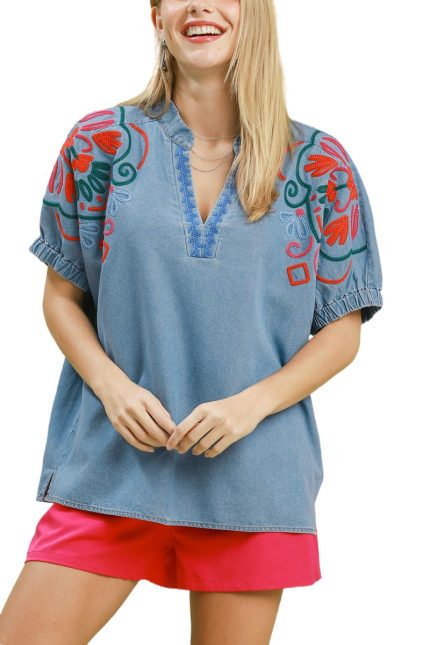 Embroidered Denim Puff Sleeve Top