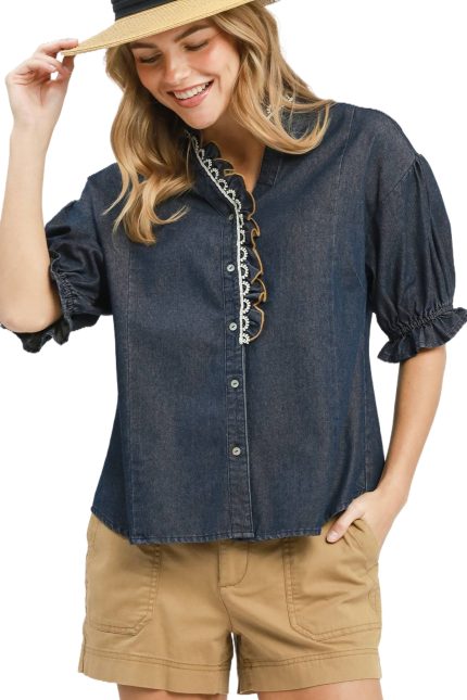 Chambray Scalloped Trim Button Front Blouse