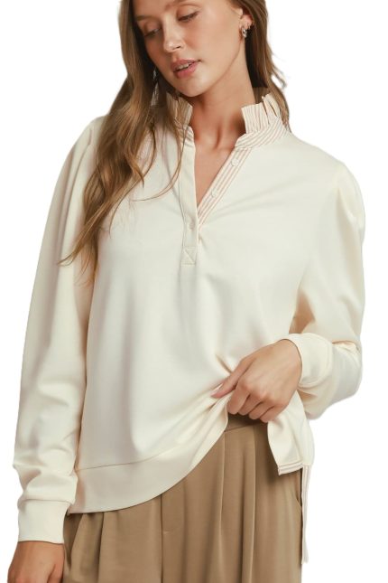 Stripe Ruffle Neck Long Sleeve Top