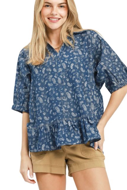Paisley Print Chambray Top