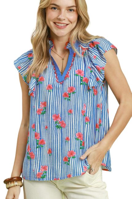 Striped Floral Ruffle Sleeve Top