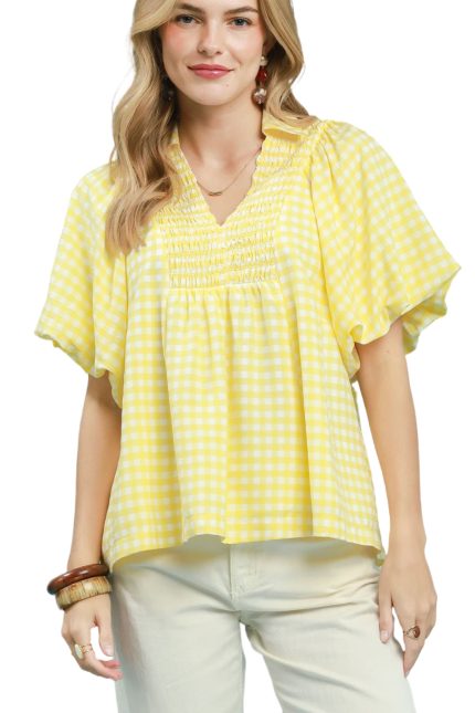 Smocked Yoke Puff Sleeve Gingham Blouse