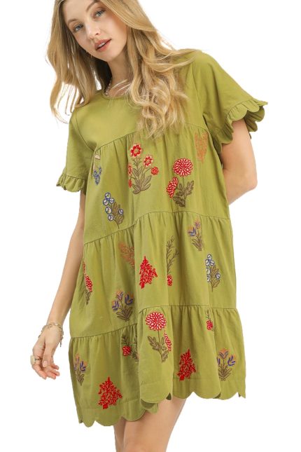 Embroidered Tiered Babydoll Dress With Ruffle Sleeves
