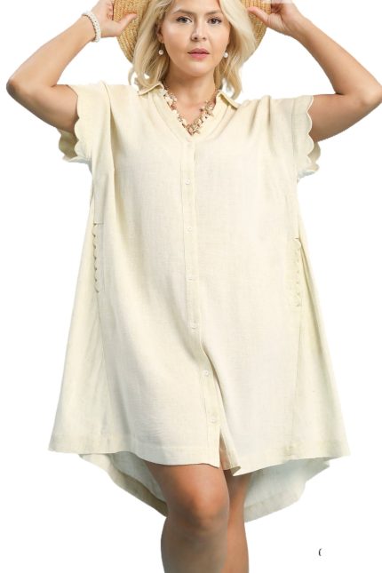 Plus Linen Scallop Sleeve Button-down Dress
