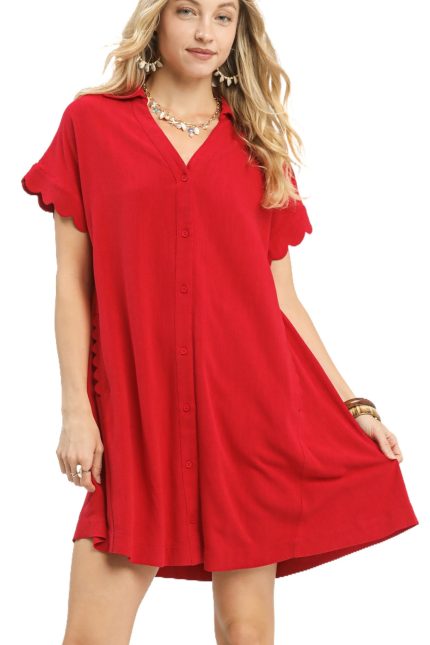 Linen Scallop Sleeve Button-down Dress
