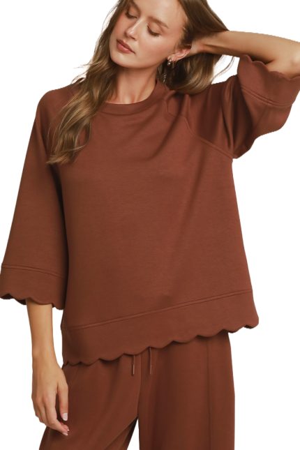 Raglan Sleeve Top With Scallop Detail