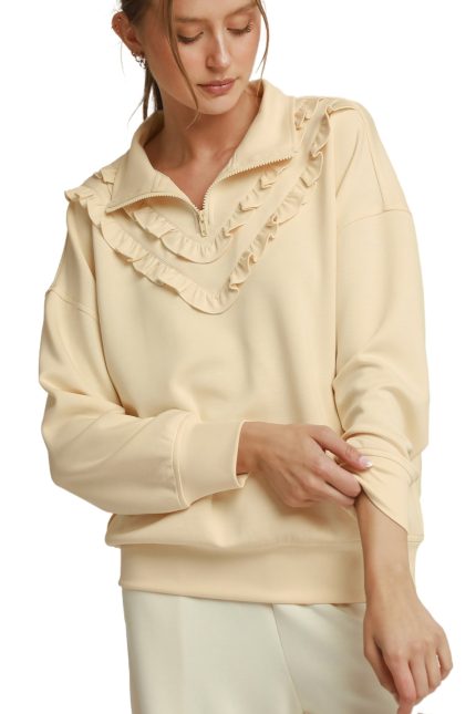 Quarter Zip Long Sleeve Top With Ruffle Details