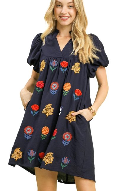Embroidered Puff Sleeve Dress