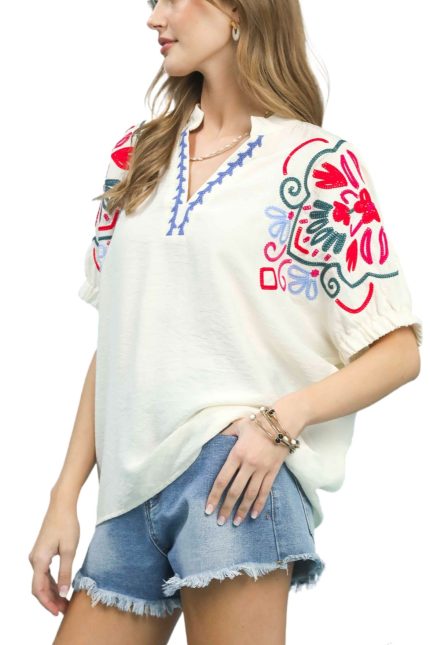 Multicolor Embroidered Split Neck Top