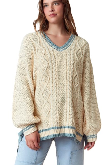 V-neck Sport Band Side Ribbon Tie Relaxed Sweater