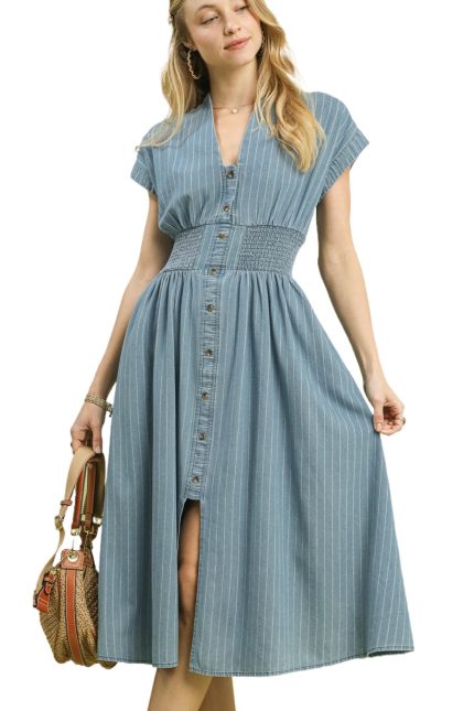 Pinstripe Smocked Waist Button-front Midi Dress