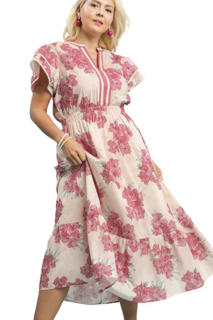 Plus Floral Flutter Sleeve Midi Dress