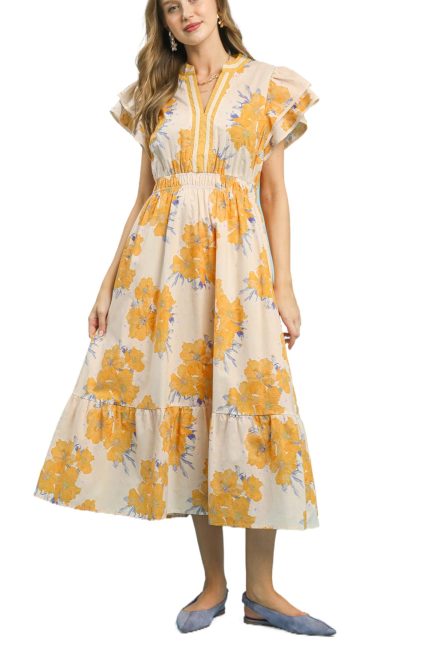 Floral Flutter Sleeve Midi Dress