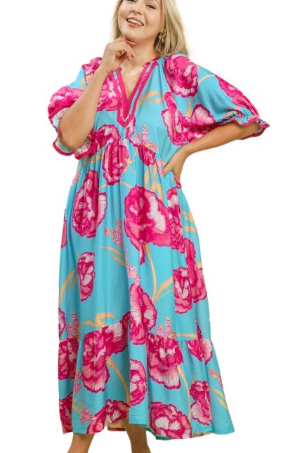 Plus Floral Print Maxi Dress With Contrast Trim