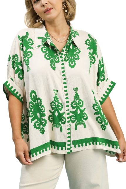 Plus Oversized Abstract Print Button Down Top