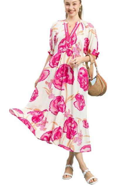 Floral Print Maxi Dress With Contrast Trim