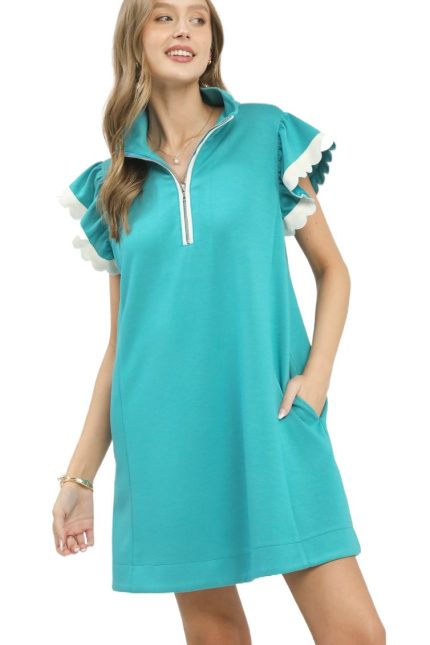 Zip-neck Flutter Sleeve Dress