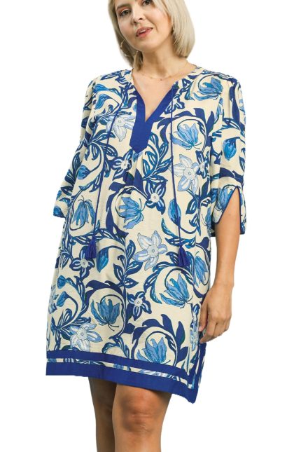 Mix Floral Print Dress W/ Tassel Tie Neck