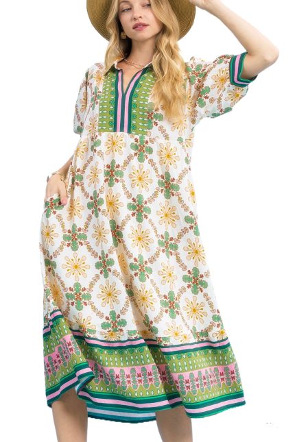 Bloom Trellis Border Print Midi Dress