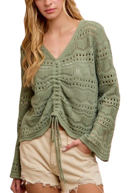 Pointelle Knit V Neck Ruched Front Lightweight Top