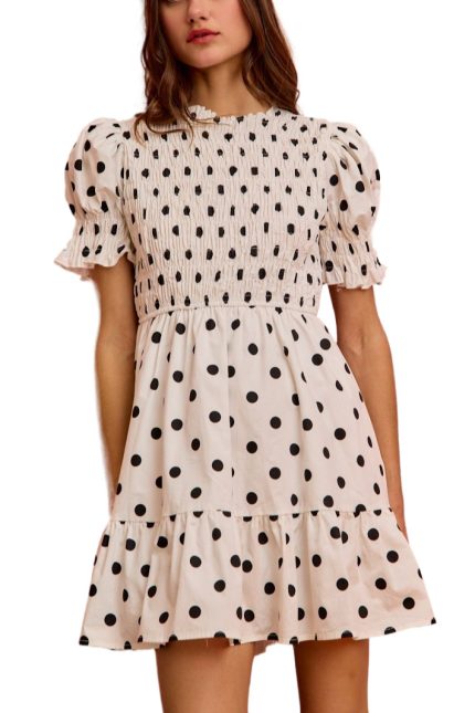 Polka Dot Smocked Bodice Puff Sleeves Mini Dress
