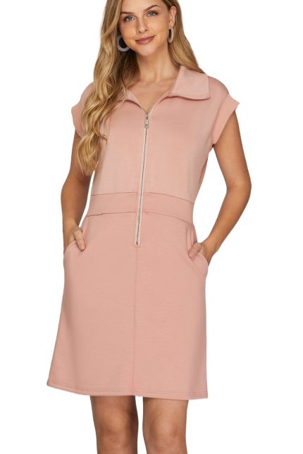 Sleeveless Zip Up Collared Knit Mini Dress