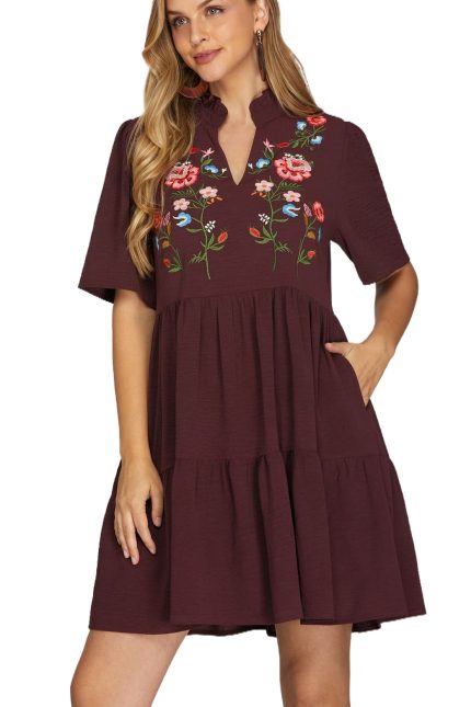 Woven Embroidered Tiered Mini Dress