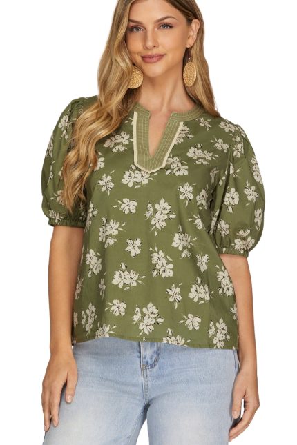 Puff Sleeve Woven Print Top