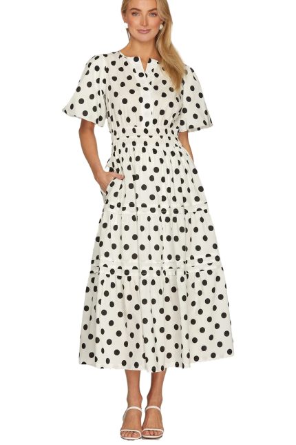 Polka Dot Print Pintuck Midi Dress