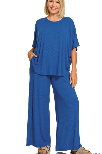 Plus Ribbed Rayon Relaxed Fit Top And Pants Set
