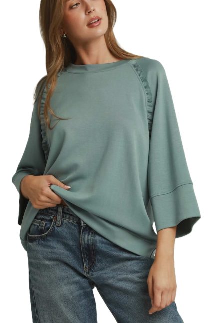 Ruffle Trim 3/4 Raglan Sleeve Top